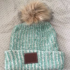 LYM aqua green and cream Pom beanie